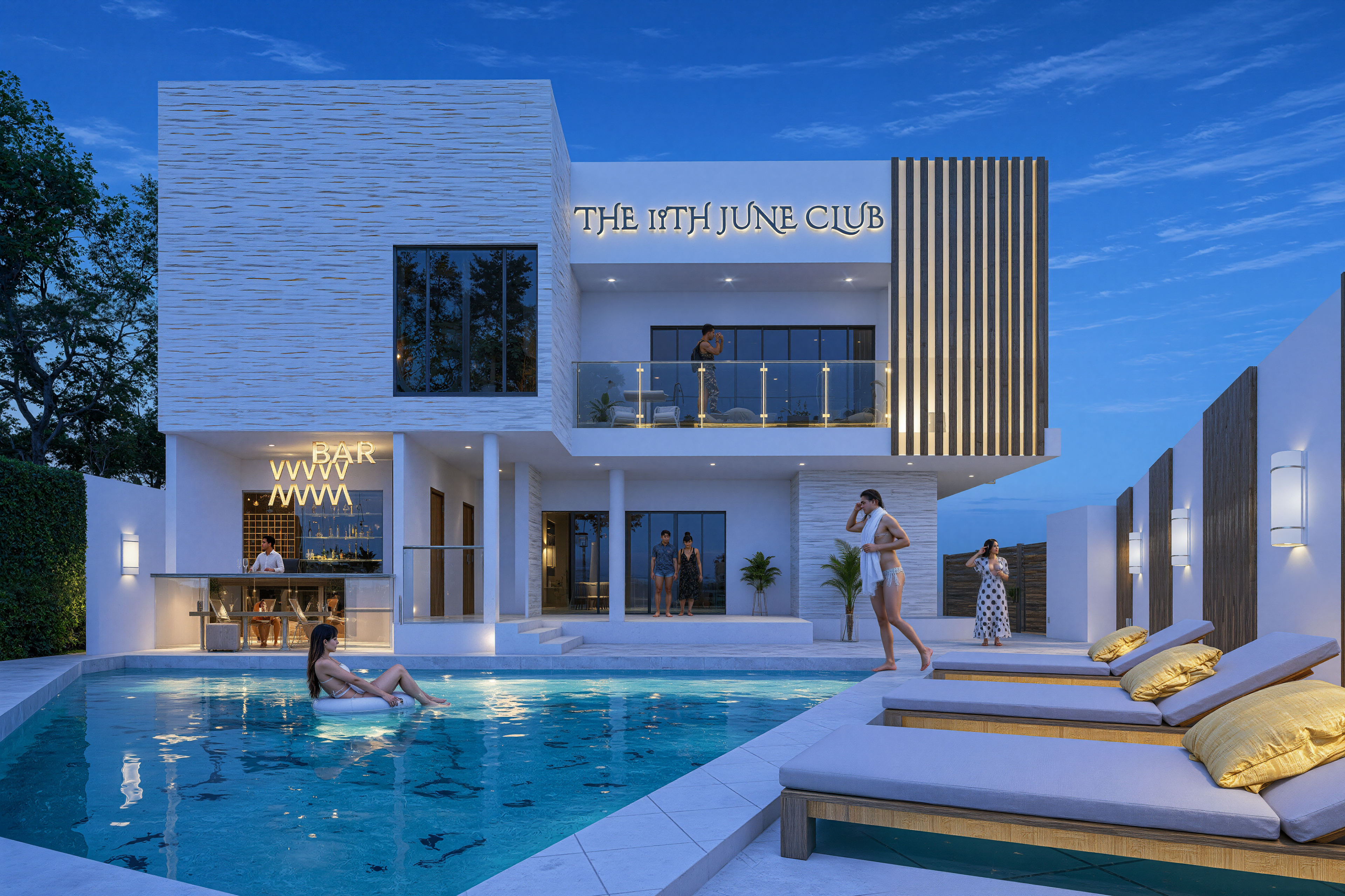 The BellaVista clubhouse and swimming pool at night